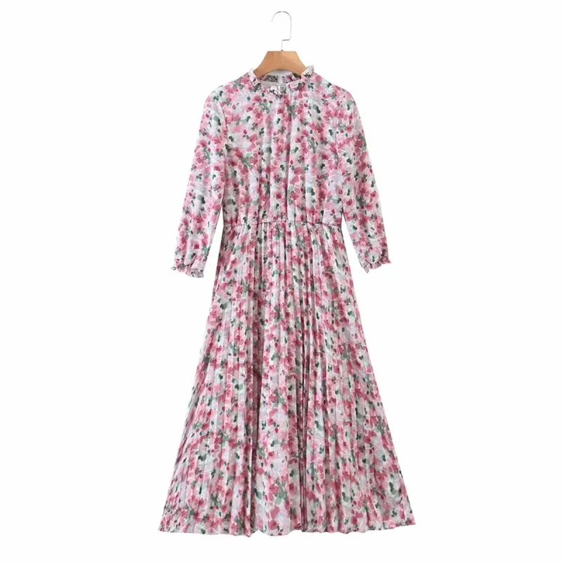 Décontracté femme rose imprimé a-ligne en mousseline de soie longue robe printemps mode dames robes drapées femme douce vacances 210515