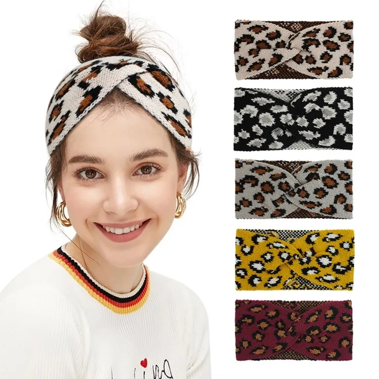 Mulheres Quentes Leopardo Malha Headband Moda Criss Cruz Hair Band Winter Winze Wood Woods Favor Headwear Favor Favor 9styles T500341