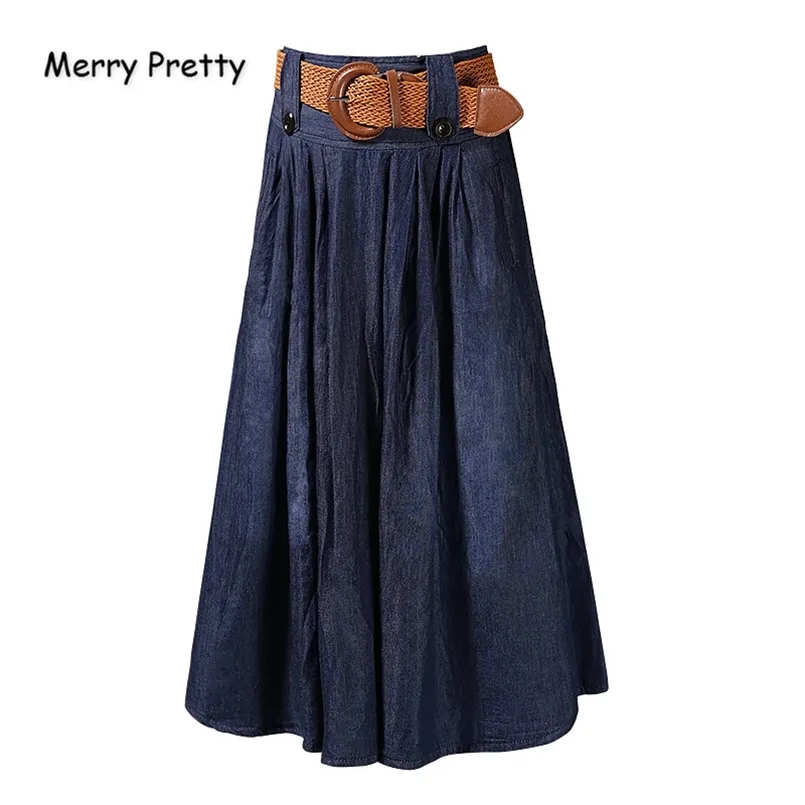 Merry Pretty Women Sashes Denim Skirt Pleated Autumn Elasticity Waist Long Jeans Casual Solid Midcalf 210708