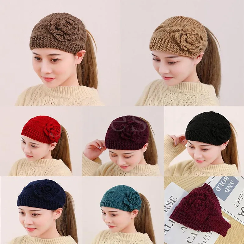 Mode fait main crochet fleur bandeau tricot bandeaux hivers turban femmes bandeau hiver oreille plus chaud cheveux accessoires DD602