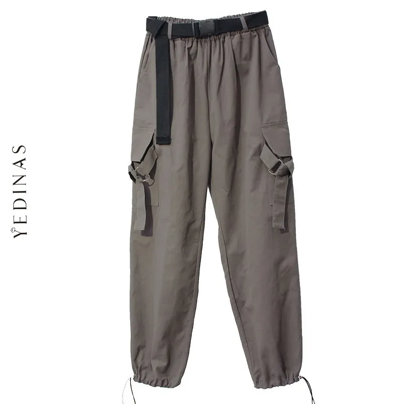 Yedinas Calças de Carga Coreana Mulheres Cintura Alta Calças Soltas Balck Com Bolso Outono Inverno Streetwear 210527