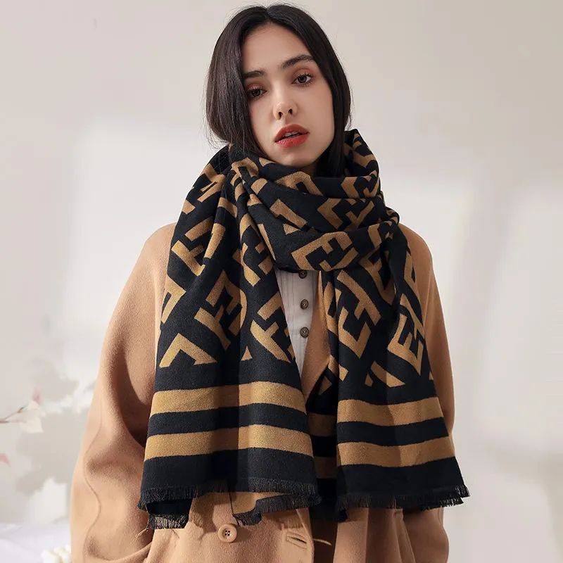 Bow Ties 2021 Imitation Cashmere Scarf Female Autumn Winter Warm Printing Champagne Gold Elegant Celebrity Shawl