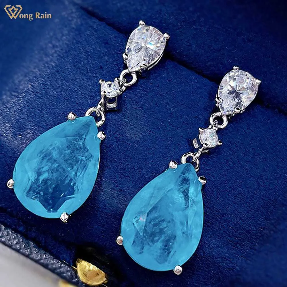 Wong Rain 925 Sterling Zilver 10 * 14 mm Paraiba Tourmaline Gemaakt Moissanite Gemstone Jubileum Drop Dangle Oorbellen Sieraden H1015