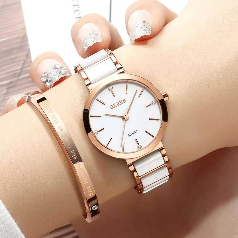 OLEVS Moda Cerâmica Watchstrap Quartz Mulheres Impermeáveis ​​Marca de Luxo para Data Clock Presente 210616