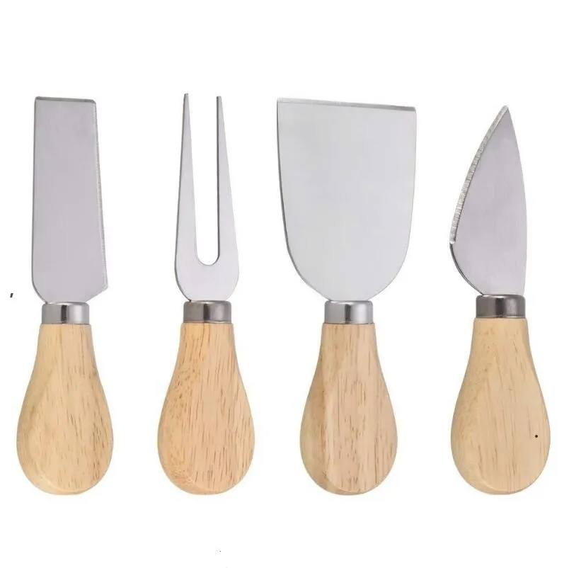 new 4pcs Cheese Useful Tools Set Oak Handle Knife Fork Shovel Kit Graters For Cutting Baking Chesse Board Sets EWB6953