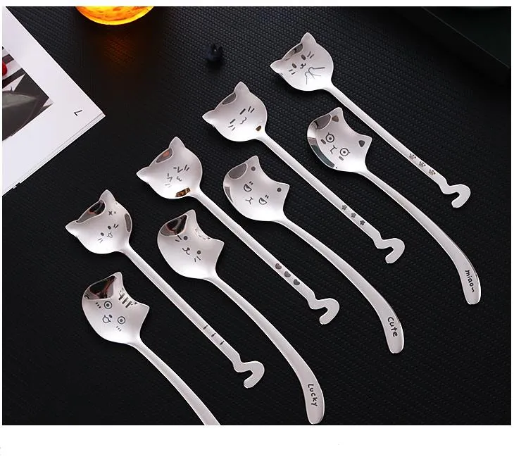 100pcs Creative Teaspoon Long Tail Cat Coffee Spoons Bent Handle Stainless Steel Dessert Spoon Birthday Gift Tableware SN2732