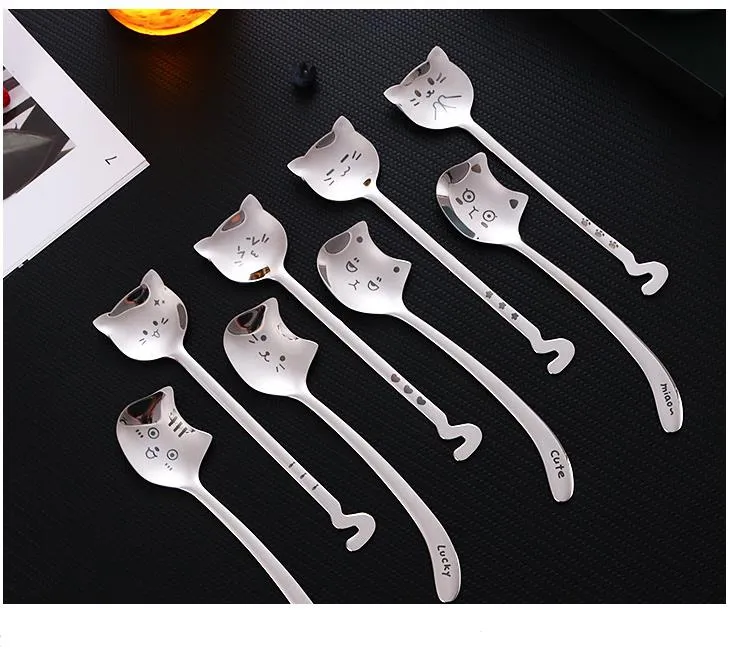 Creative Teaspoon Long Tail Cat Coffee Spoons Bent Handle Stainless Steel Dessert Spoon Birthday Gift Tableware SN2732