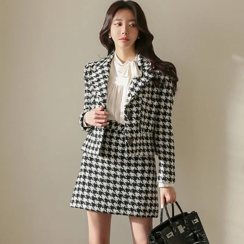 Höst två styck set kvinnor kontor houndstooth damer långärmad tweed jacket coat + korta bodycon kjol kostymer 210518