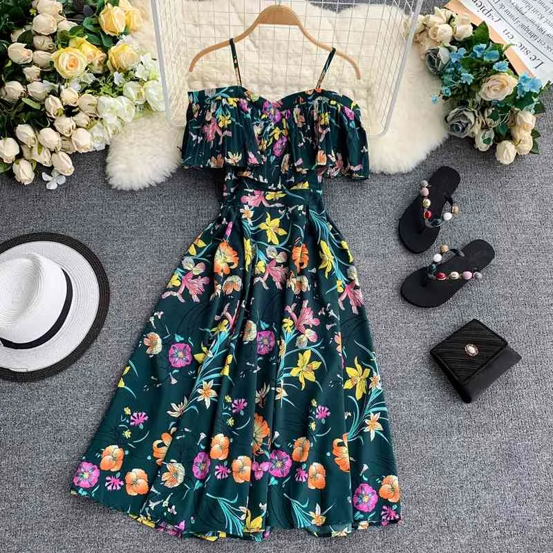 Boho Ruffles Vintage Floral Print Summer Off Shoulder Midi Long Dress Party Women Casual Spaghetti Strap Beach Holiday Vestidos X0521