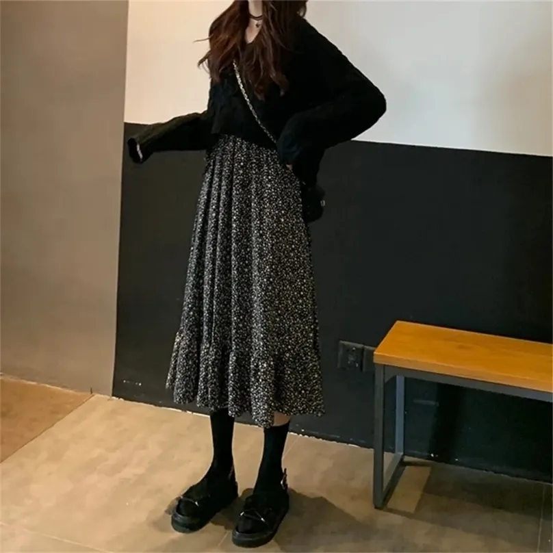 Students Black 2pcs Set Back Tie V-Neck Short Sweater Pullover +Long-Sleeved Ruffled Floral Dres Korean Elegant Suit 211106