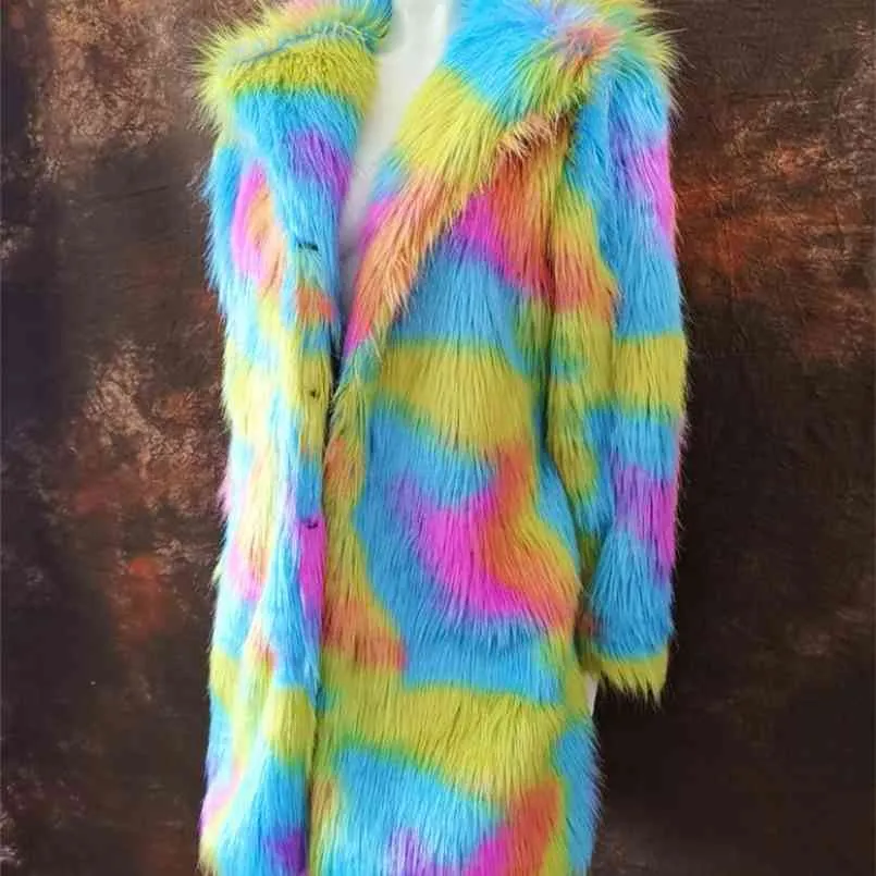 S / 4XL Kvinnor Fake Fur Outwears Lång sektion Blandad Färg Vinter Höst Kvinna Överrock Stor Storlek Mode Coats J3170 210902