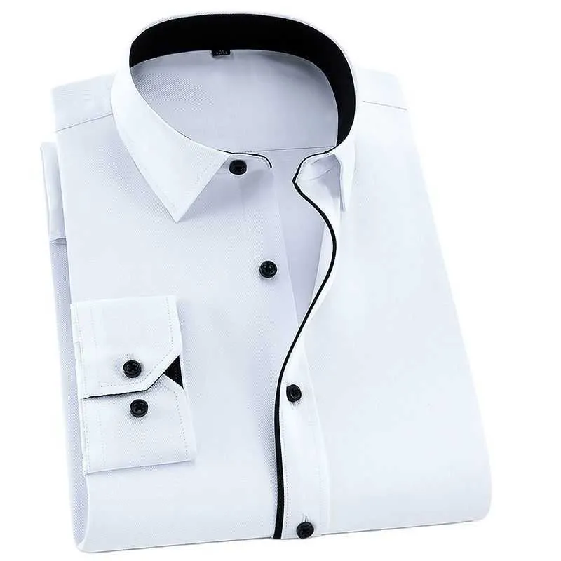 ツイルホワイトメンズドレスシャツ長袖スリムフィットビジネス男性フォーマルシャツカジュアルソリッドフロントポケットマンの服210628