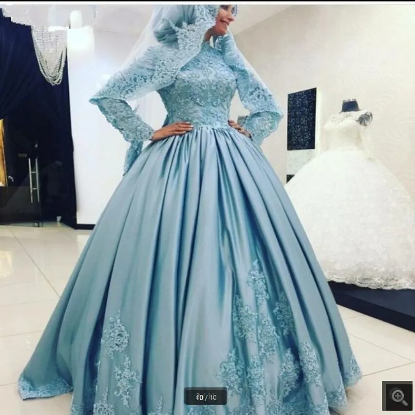 2021 Bescheiden Blauwe Moslim Hijab Prom Dress Lange Mouwen Hoge Hals Kralen Feestjurken Elegante Dubai Formele Prinses Gezwollen Zoete 16 Te Koop 202,32 € | DHgate