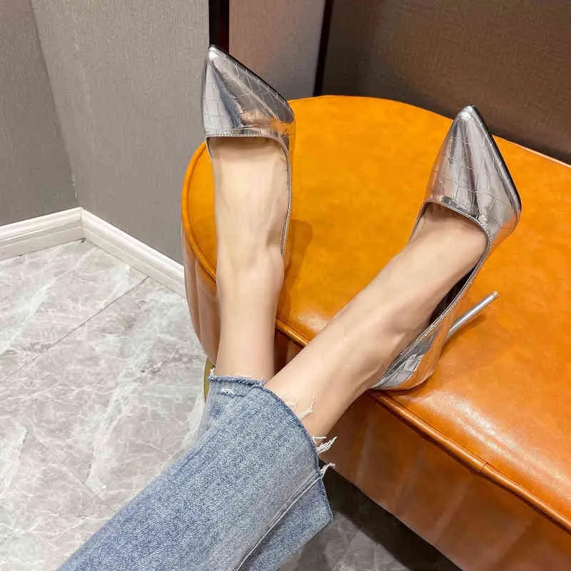 11cm New Fashion Pointed Toe Patent Leather Pumps High Heels Banquet Women Silver Shoes