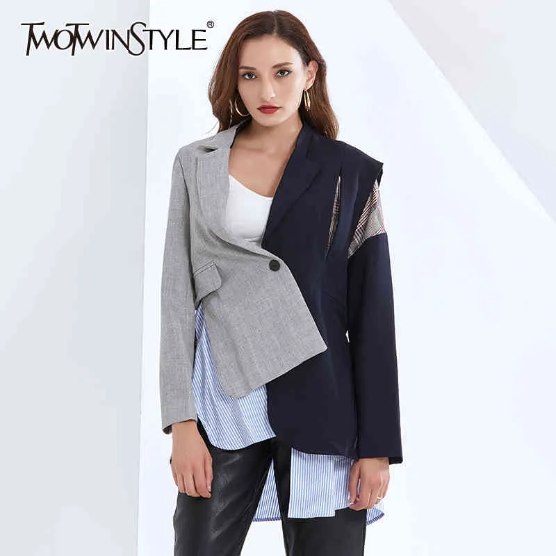 Asymetryczny blezer dla kobiet Collar z długim rękawem Patchwork Hit Color Casual Coats Samice Jesienne ubrania 210524