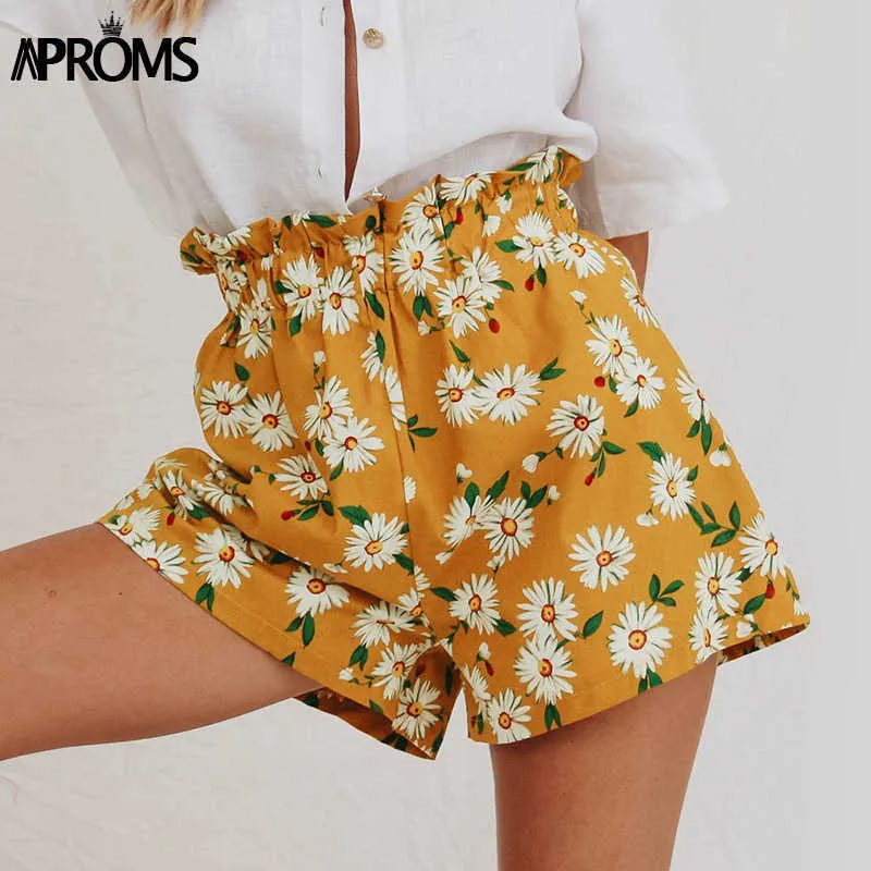 Aproms Sweet White Flower Print Shorts Women Summer Casual Elastic High Waist Shorts Vintage Beach Streetwear Yellow Bottom 210611