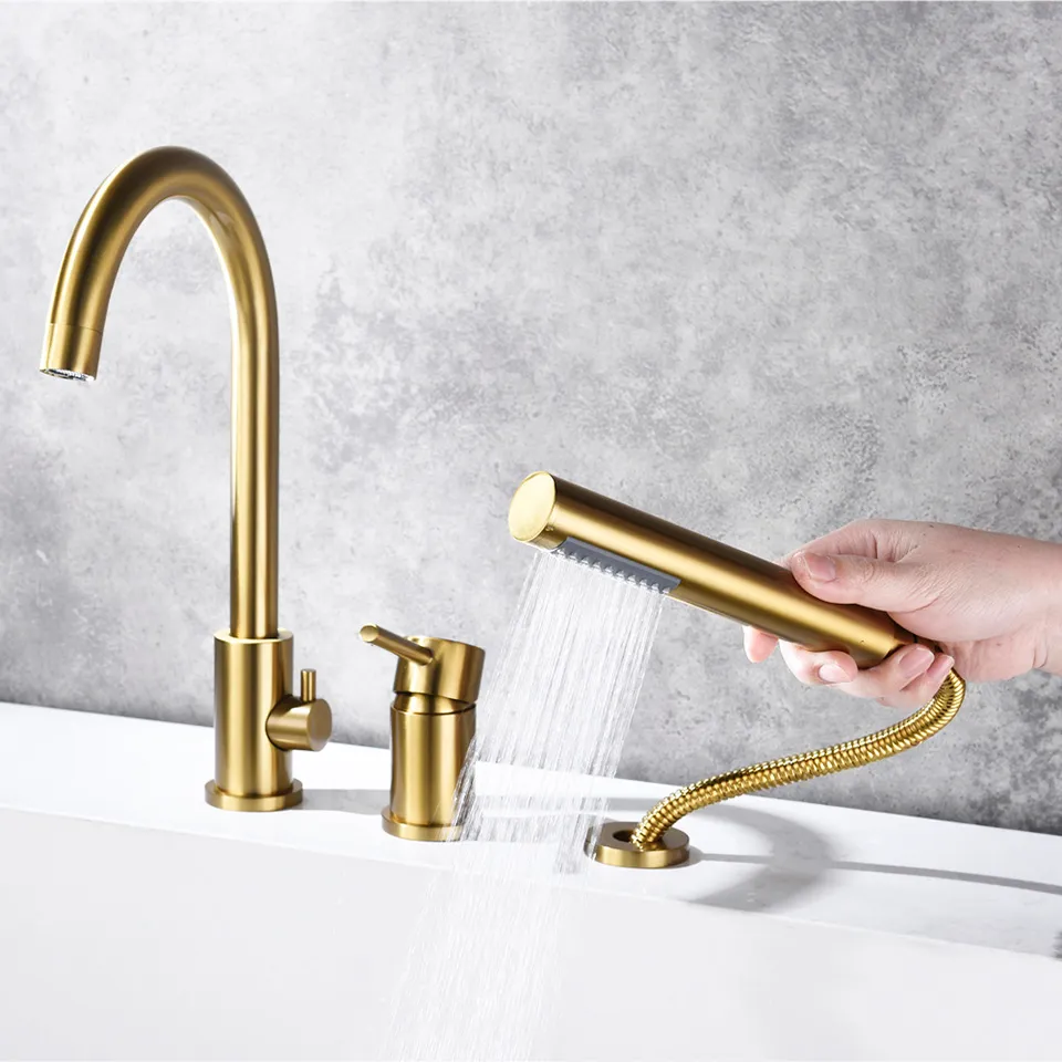 100 Brass Pull Out Brushed Gold Bathtub Faucet With 3 Holes, Deck