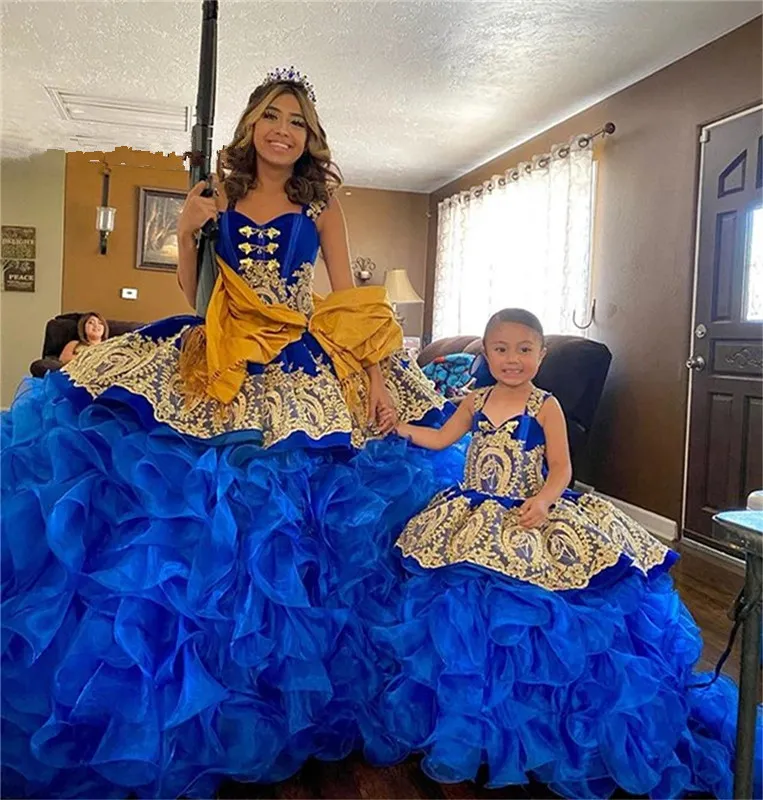 Princess Royal Blue Quinceanera Dresses ruffles puffy tiered skirt gold detail Prom Graduation Gowns Sweet 15 16 Dress Lace Up