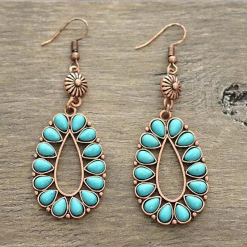 Vintage Teardrop Turquoises Stone Dangle Earrings Ethnic Ancient Red Copper Metal Hollow Water Drop Jewelry & Chandelier