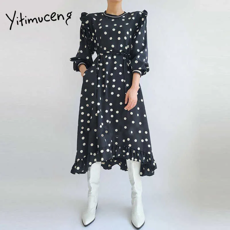 Yitimuceng Robes à pois Femmes Lace Up Mode coréenne Robe midi à manches longues Bureau Lady Bleu Noir Sundress Printemps 210601