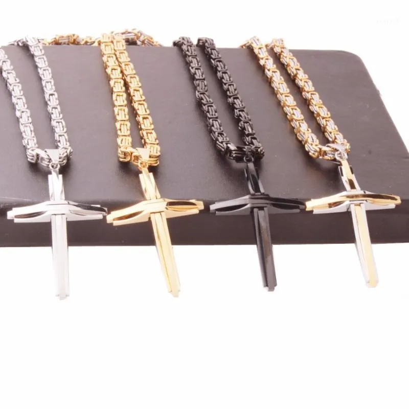 Pendant Necklaces Black/Gold Tone Accessories Cross Stainless Steel Byzantine Link Chain Men's Women's Necklace Jewelry 5mm 18-30inch