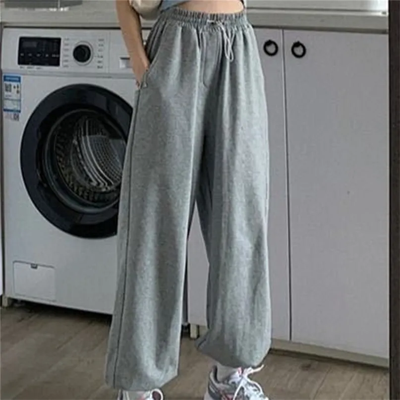 Mulher Calças Streetwear Estilo Coreano Solto Bungers Mulheres Cama Cinza Cintura Alta Conforto Simples Básico Casual Moda Calças 211118