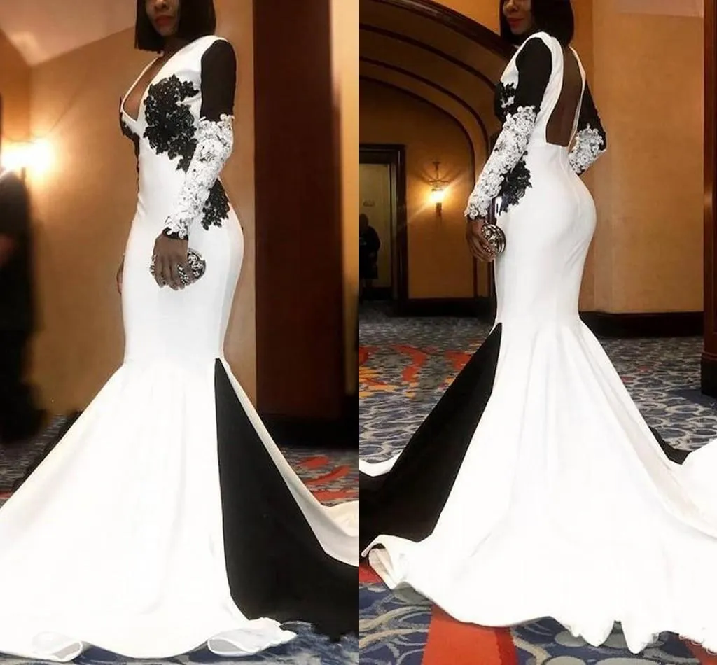 White And Black Evening Dresses Elegant Sweep Train Backless Mermaid Prom Dress Applique Lace Long Sleeves Formal Party Gowns Custom Made Robe de mariée