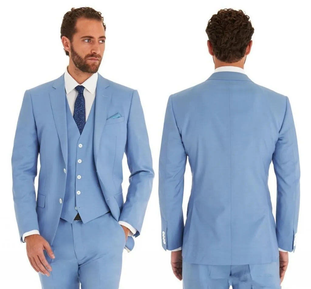 Klasyczne Sky Blue Groom Tuxedos Męskie Garnitury ślubne Notch Lapel Trim Fit Groomsman Man Evening Party Party Wear Jacket Blazer 3 Sztuka (Kurtka + Spodnie + Kamizelka)