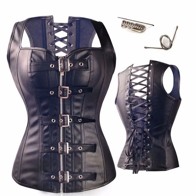 Sexig svart faux läder spänne overbust waistcoat corset topp steampunk kvinnor bustier cincher corselet 10 stål utbenad korsett 8200