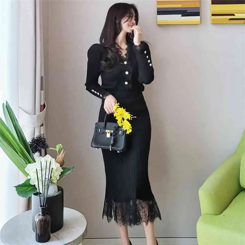 뜨개질 2 조각 정장 한국 숙녀 겨울 섹시한 긴 소매 스웨터 블랙 탑 및 긴 Maxi 스커트 클럽 세트 여성 중국 210602