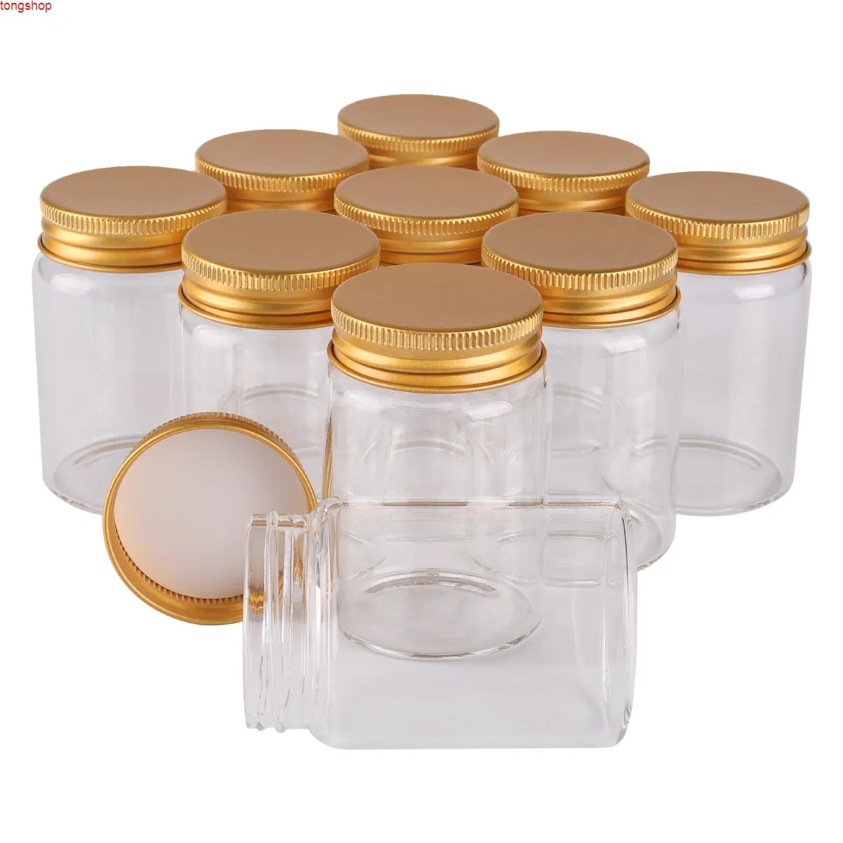 12 peças 80ml 47 * 70 * 34mm garrafas de vidro com tampas de alumínio douradas especiarias recipiente de doces frascos frascos para o casamento giftgoods