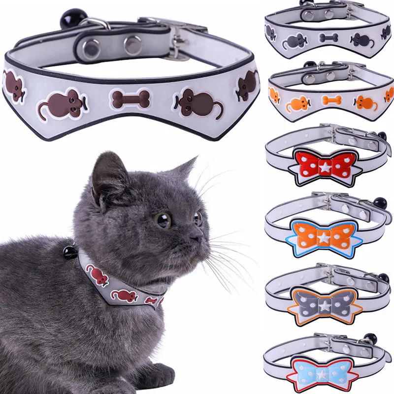 Fashion Silicone luminous Dog Cat Collar Breakaway with Bell and Bow Tie Adjustable Safety Kitty Kitten Small Dogs Pet Collars Mouse Brown