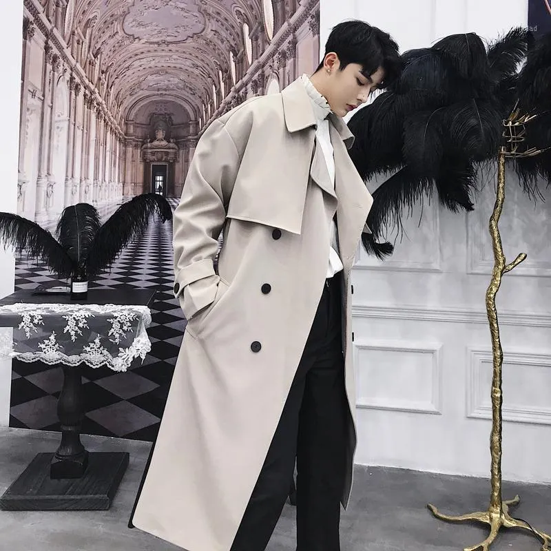 Autumn Winter Men Fashion Vintage Double Breasted Long Trench Coat Korean Style Overcoat Casual Loose Jacket