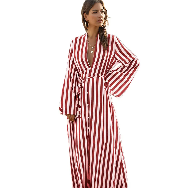knee length dresses for ladies Green Stripe Belted Button Front Maxi Shirt Dress - All Dresses main image 0