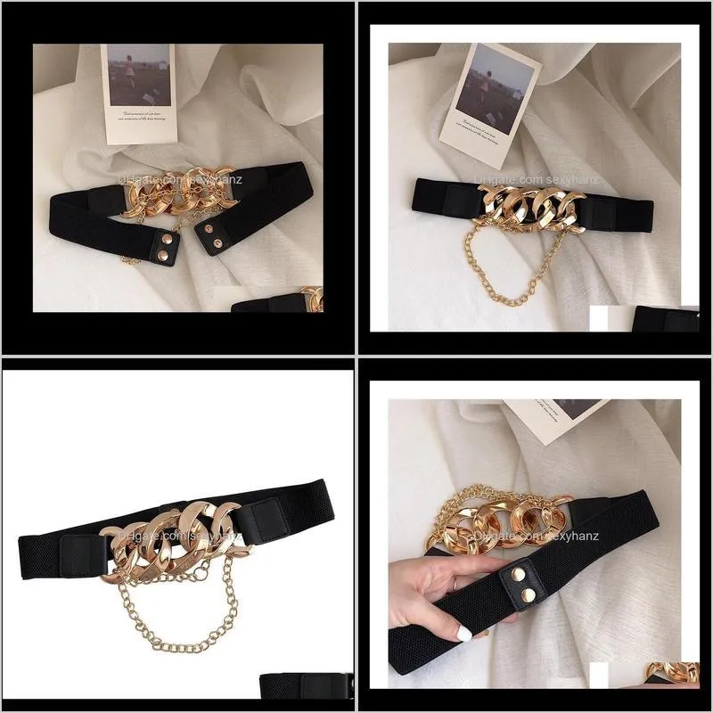 Gold Big chain buckle tassel belts for women coat solid wide elastic waistbands dress black stretch cummerbund party accessories