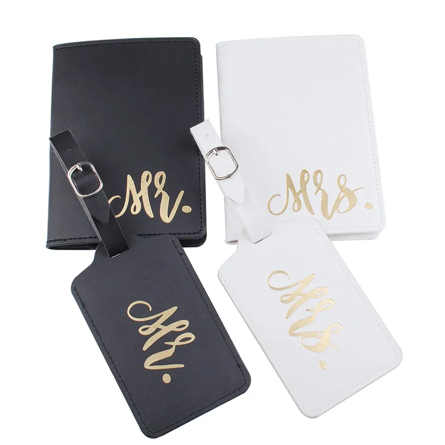 4pcs/Set Mr. and Mrs. 2 pcs Luggage Tags +2 pcs Passport Bags Favors Gifts Leather Gilded Lovers Honeymoon Luggages Lable PU Aircraft Boarding Name Tag AL8634