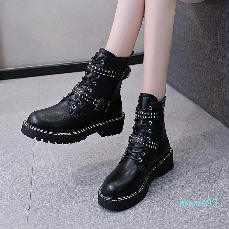 Dress Shoes Spring And Autumn 2021 All-match Low Heel Fashion Boots Thick Belt Buckle Rivet Short Female