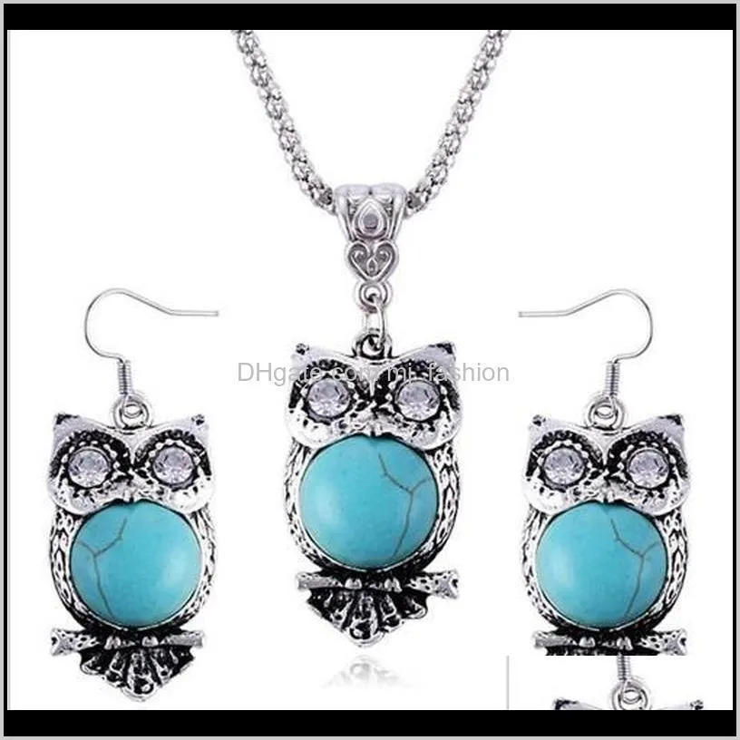 jewelry sets necklace earrings fashion women vintage ethnic imitation turquoise rhinestone 2-piece set party jewelry wholesale