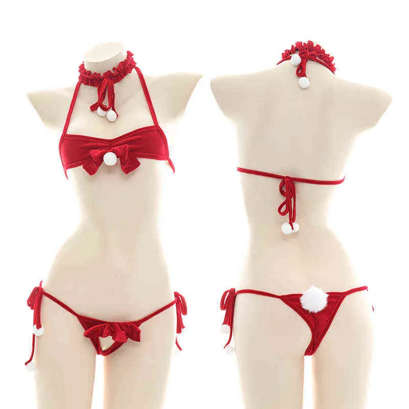 Nxy Sexy Set Sexy Traje Santa Lingerie Set Saiko Christmas Vermelho Velvet Laço Bowknot Bikini Lolita Lolita Halter Bra Bunny Girl Cauda Couraça 1127