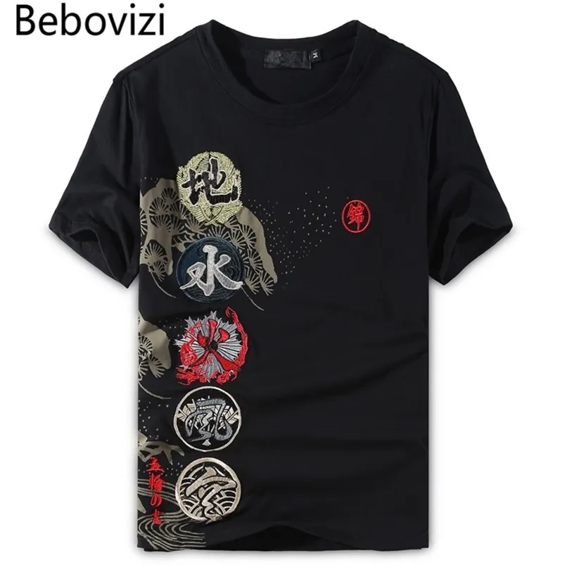 Beboviziブランドファッション男性ブラックTシャツ中国のスタイルの刺繍Tシャツストリートウェアカジュアル半袖トップスティー高品質210706