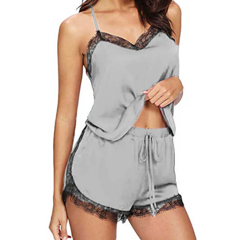 Femmes Sexy pyjamas ensemble Sexy dentelle Spaghetti sangle Lingerie vêtements de nuit costume décontracté col en v femme 2 pièces vêtements de nuit Shorts ensemble Q0706