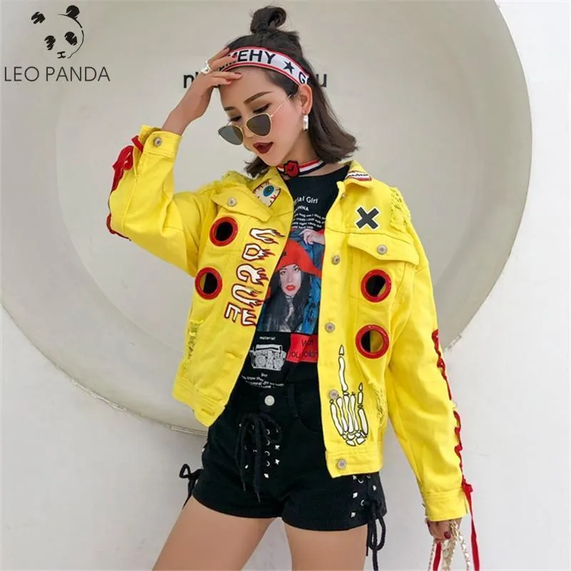 Vestes pour femmes lettre impression dentelle broche cassé Denim veste femmes 2021 étudiant Jean grande taille rose jaune femme manteau vêtements1