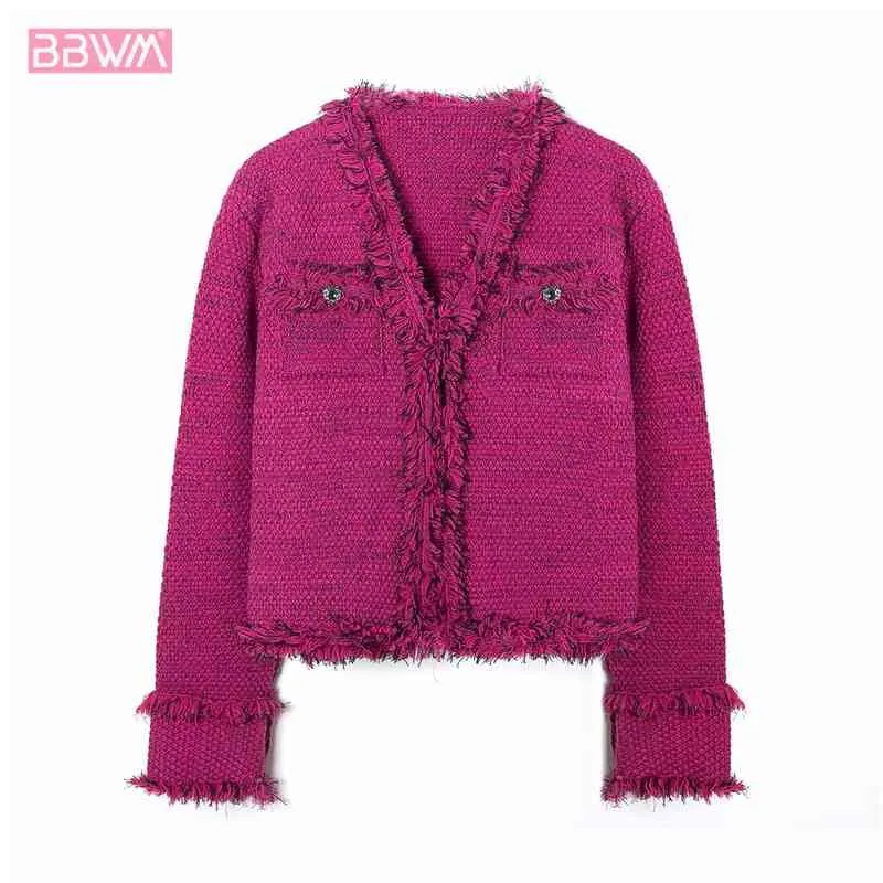 Vintage V Neck Long Sleeves Red Tassel Woolen Women's Jacket Coat Fashion Little Fragrance Short Chic Tops Female 210507