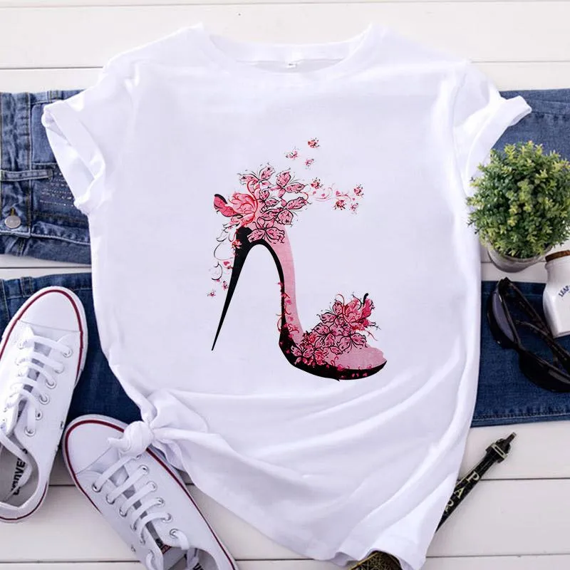 Women's Short Sleeve T-Shirt White Tops High Heel Shoes Printed Tshirt 2022 Woman T-Shirts Summer Tee Femme Fashion Clothing