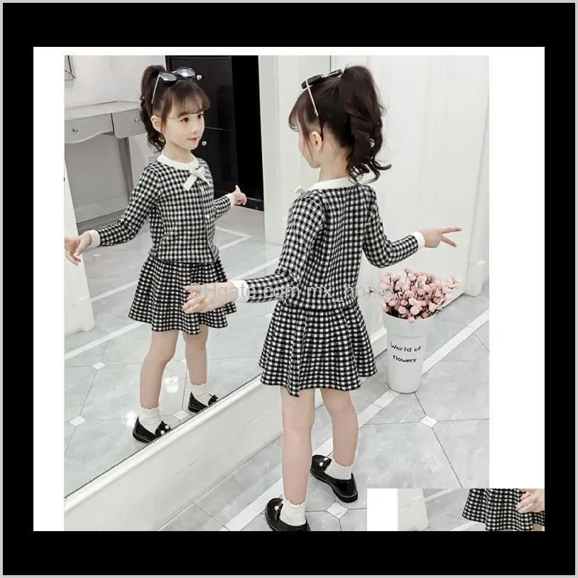 children`s suit 3-10 years old spring fall baby vintage temperament knitted round neck suit girl`s grid coat + skirt two-piece set