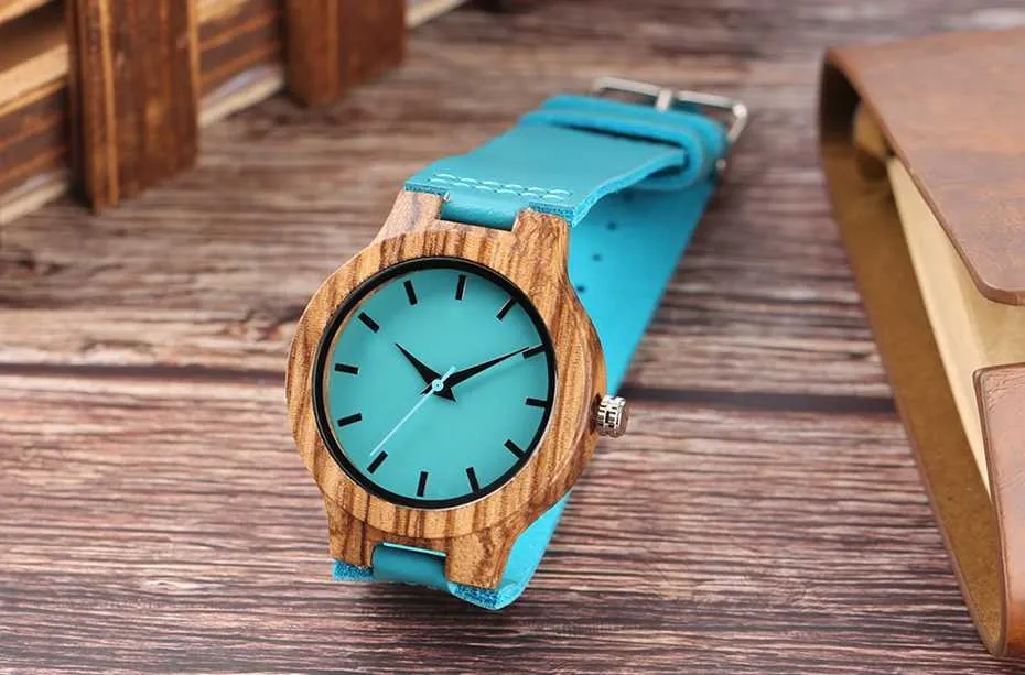 Fashion Blue Wooden Bamboo Quartz-watch Natural Wood Wristwatch Genuine Leather Creative Xmas Gift for Men Women Reloj de madera (1)