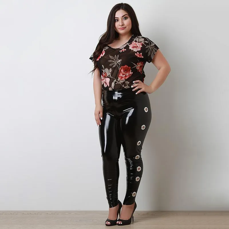Plus Size Pants Women PVC Latex Leather Sexy Hollow Out PU