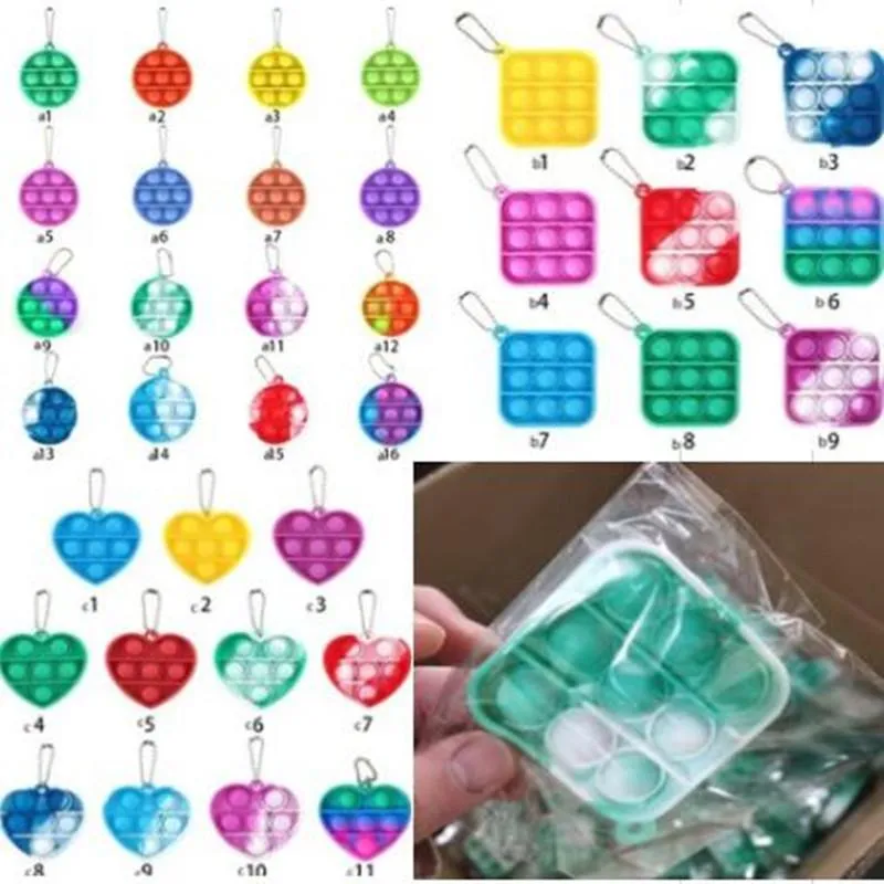 100pcs/DHL Multi shapes fidget bubble poppers toys simple dimple key ring push poop bubbles popper board keychain bag pendant charms kids adult stress reliver