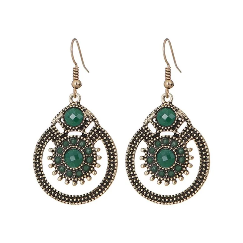 Bohemia Ethnic Ladies Dangle Earring Women Round Alloy Crystal Stone Beaded Earrings Fashion Jewelry