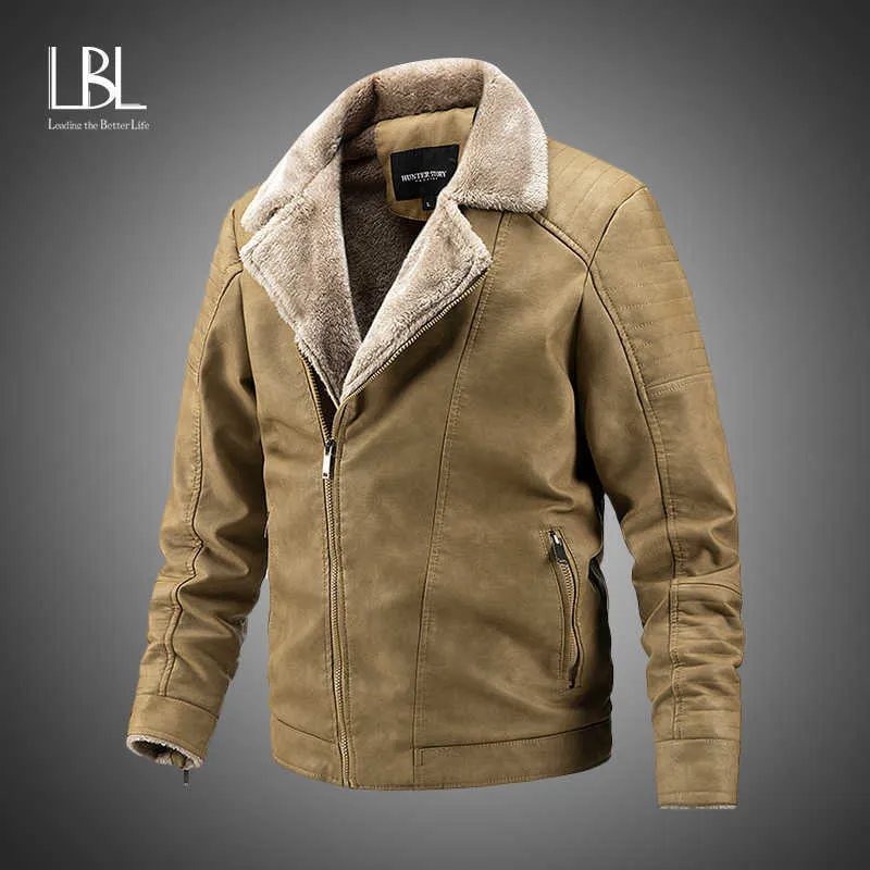 Mannen Herfst Winter Lederen Jas Draai Bont Kraag Vintage Motorfiets PU Lederen Jas Dikker Warme Jas Biker Coat Heren 211009